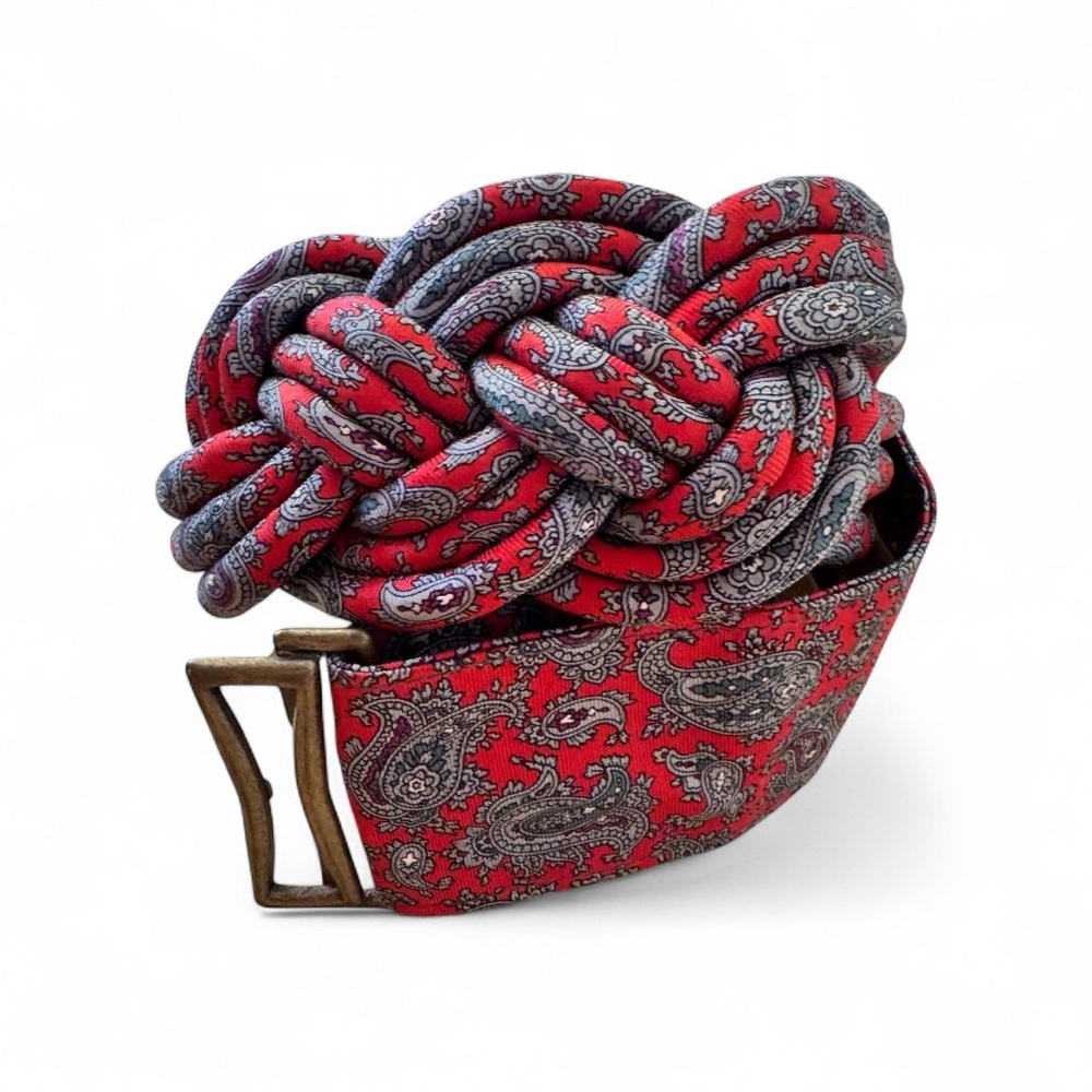 Vintage Knotted Silk Paisley Red and Gray Belt